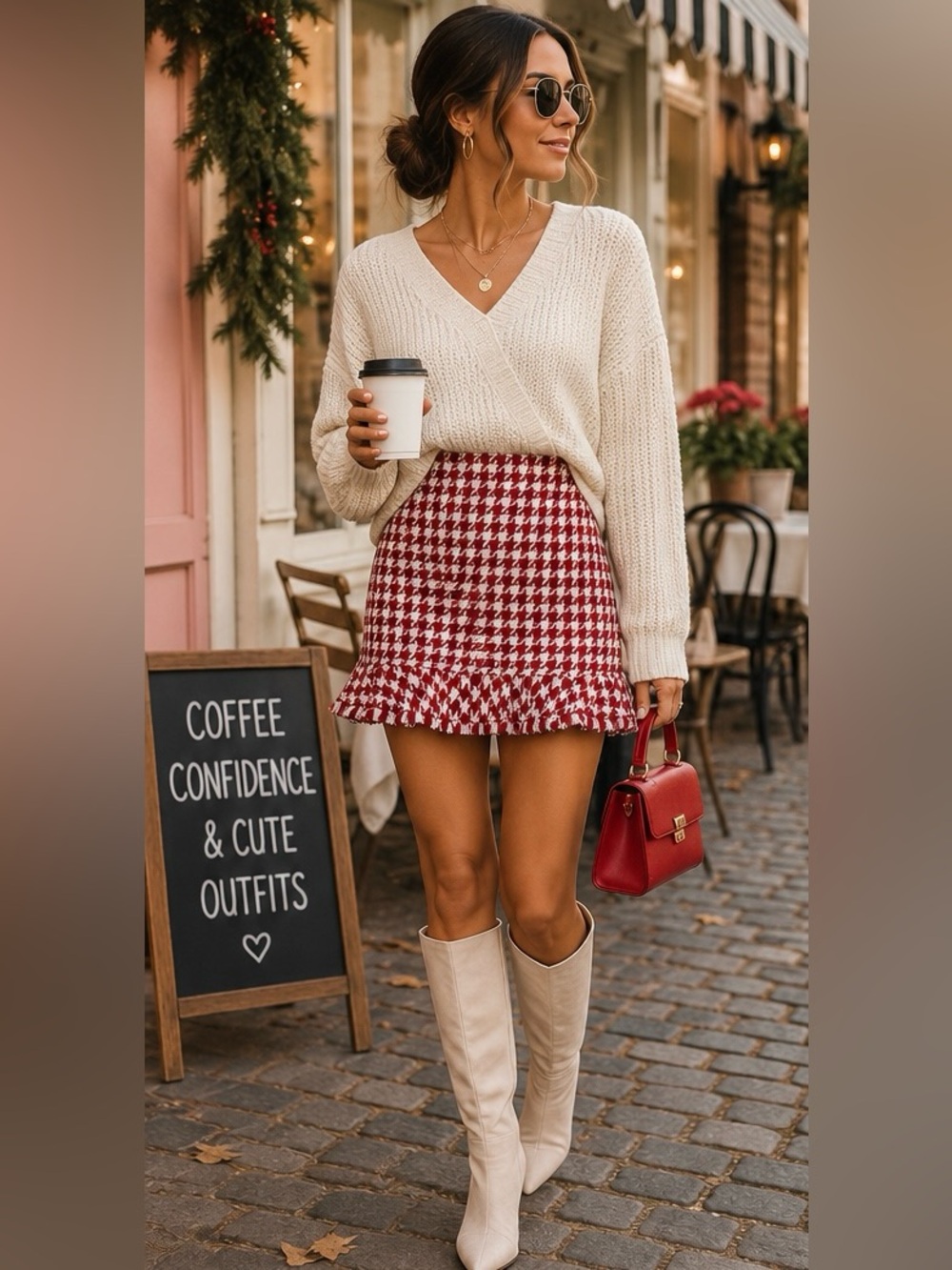Lovers + Friends Tessie Houndstooth Ruffle Hem Mini Skirt Red White Size Small